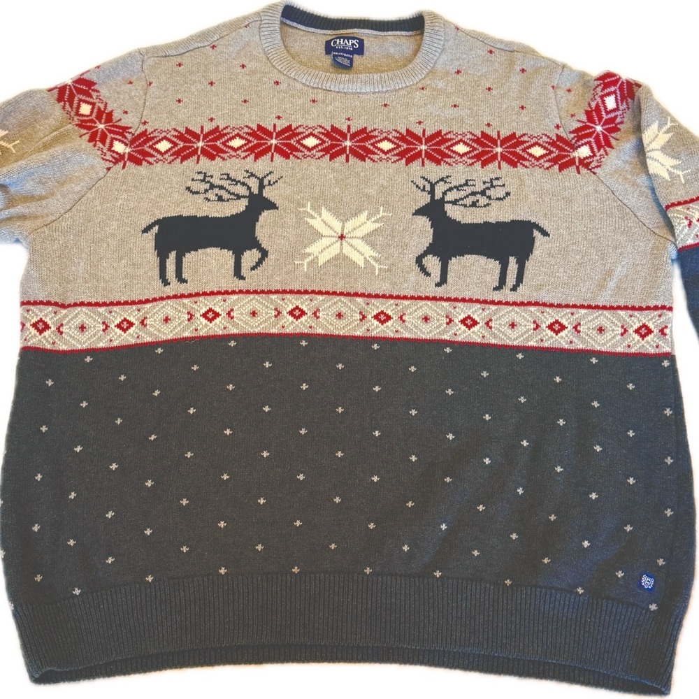 Chaps Ralph Lauren Gray and Red Festive Holiday Reindeer Sweater